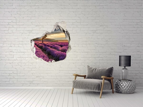 Trompe l'oeil buco nel muro Campi di lavanda al tramonto
