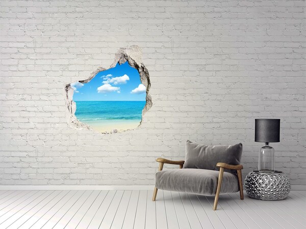 Trompe l'oeil buco nel muro Vista di una spiaggia tropicale