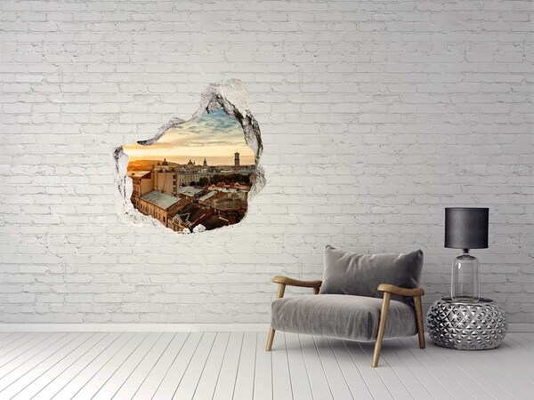 Trompe l'oeil buco nel muro Tramonto sulla città