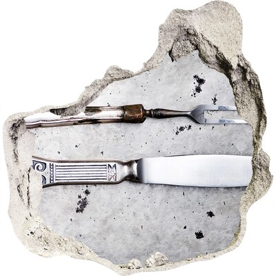 Adesivo effetto buco nel muro Un muro danneggiato con utensili da cucina