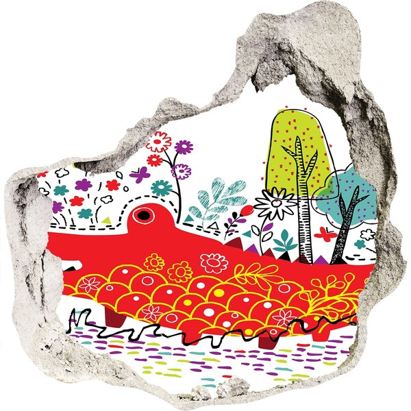 Adesivo effetto buco nel muro Coccodrillo in un paesaggio colorato