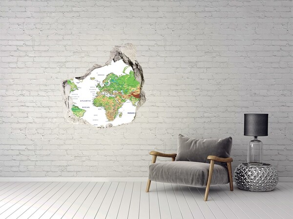 Adesivo effetto buco nel muro Mappa del mondo vista attraverso un buco nel muro