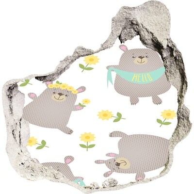 Finto buco nel muro 3D Orsetti sorridenti in un ambiente floreale