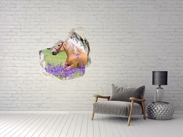 Trompe l'oeil buco nel muro Un cavallo in un campo di lavanda