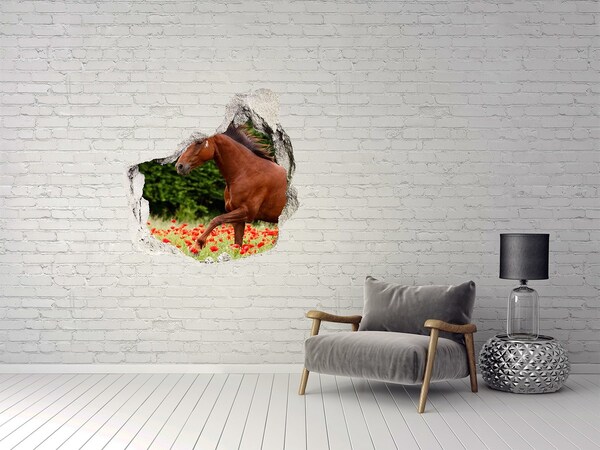 Trompe l'oeil buco nel muro Un cavallo in un campo di papaveri