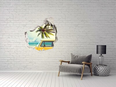 Trompe l'oeil buco nel muro Oasi tropicale con un'auto gialla