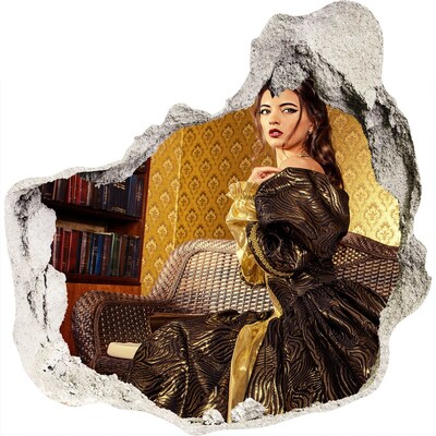 Trompe l'oeil buco nel muro Una donna in un abito elegante in un interno raffinato