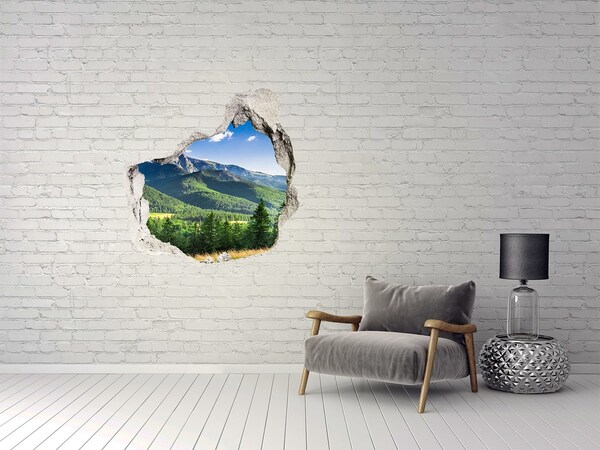 Trompe l'oeil buco nel muro Paesaggio montano visto attraverso un buco nel muro