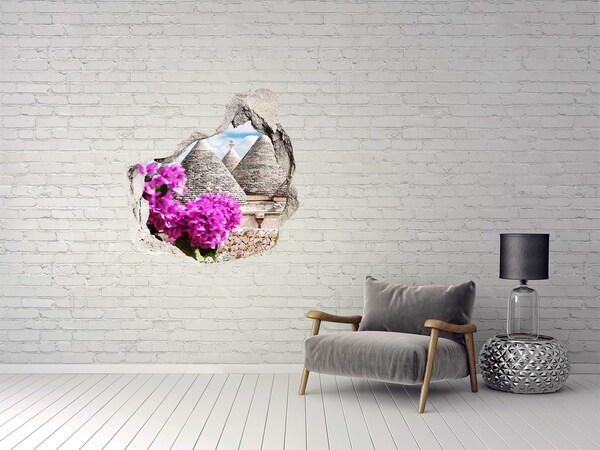 Adesivo effetto buco nel muro Trulli in Puglia con fiori