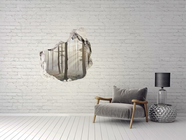 Trompe l'oeil buco nel muro Foresta nebbiosa nella luce del mattino