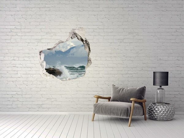 Trompe l'oeil buco nel muro Mare in tempesta con sfondo montuoso.