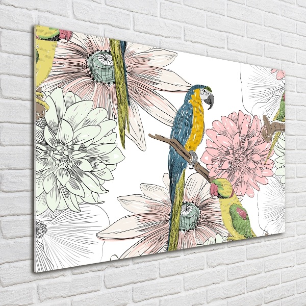 Quadro in vetro acrilico Pappagalli e fiori