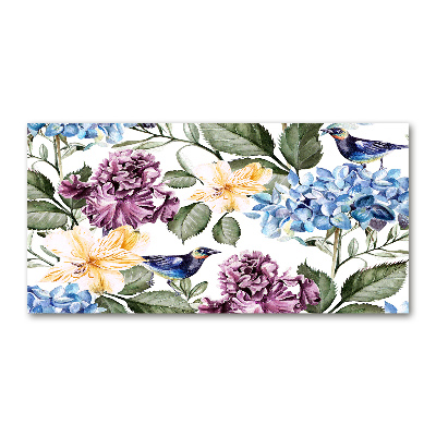 Quadro in vetro acrilico Fiori e uccelli