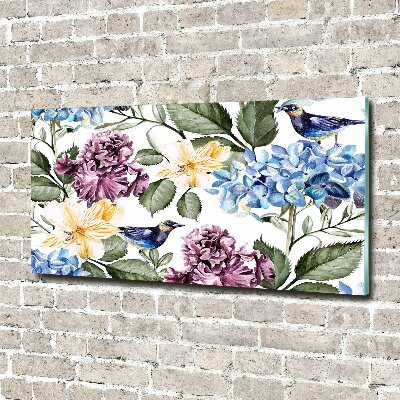 Quadro in vetro acrilico Fiori e uccelli