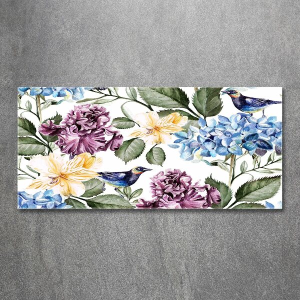 Quadro in vetro acrilico Fiori e uccelli