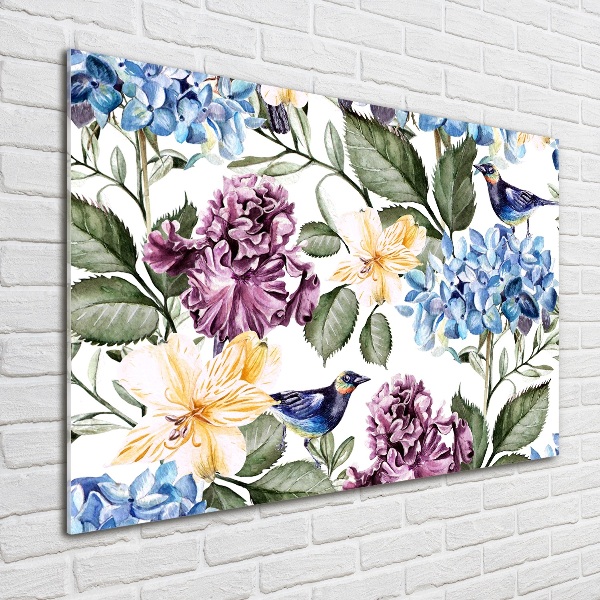 Quadro in vetro acrilico Fiori e uccelli