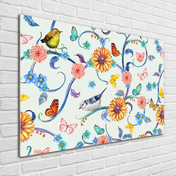 Quadro vetro acrilico Fiori e uccelli