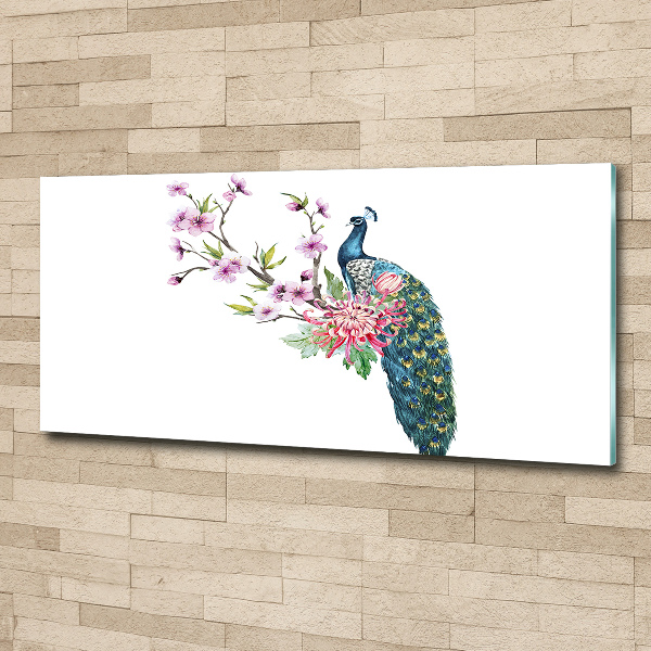 Quadro in vetro acrilico Pavone e fiori