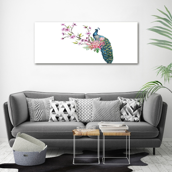 Quadro in vetro acrilico Pavone e fiori