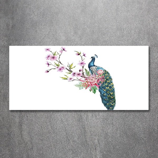 Quadro in vetro acrilico Pavone e fiori