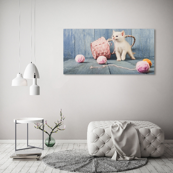 Quadro in vetro acrilico Gatto bianco e matasse