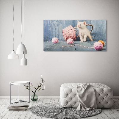 Quadro in vetro acrilico Gatto bianco e matasse