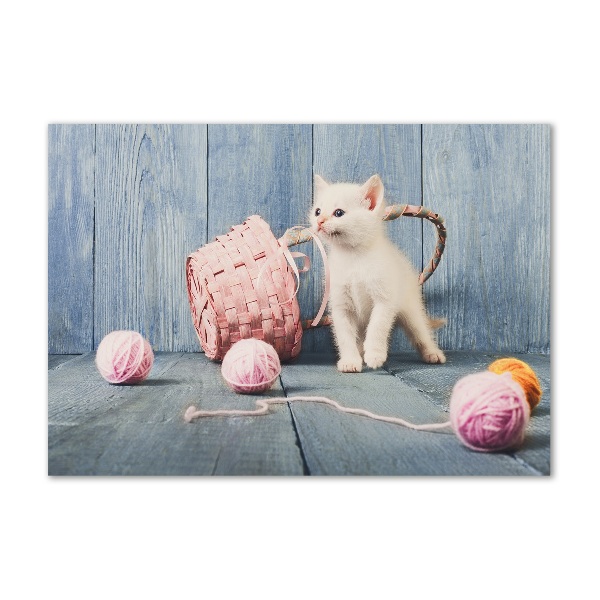 Quadro in vetro acrilico Gatto bianco e matasse