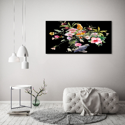 Quadro su vetro acrilico Fiori e uccelli