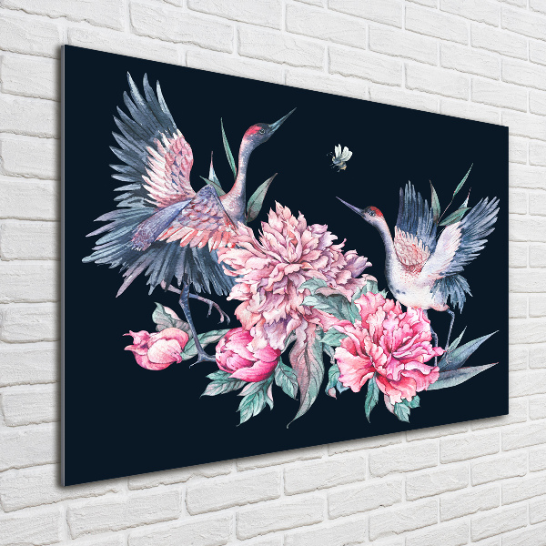 Quadro in vetro acrilico Gru e peonie