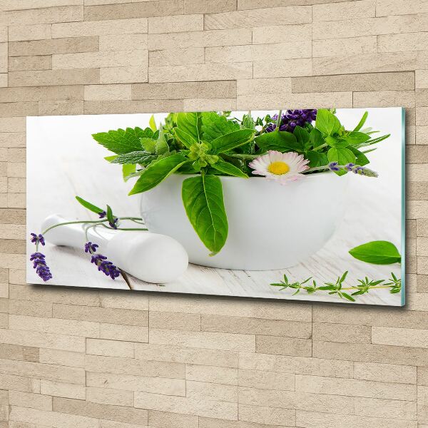 Quadro in vetro acrilico Mortaio ed erbe aromatiche