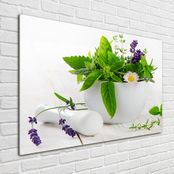 Quadro in vetro acrilico Mortaio ed erbe aromatiche