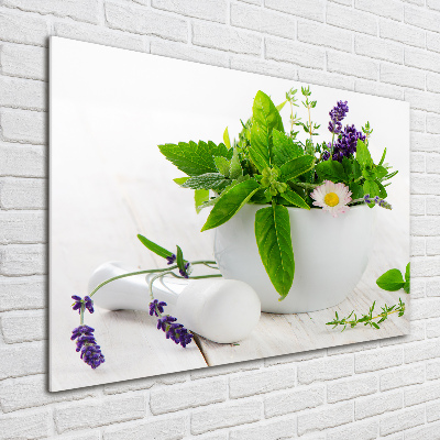 Quadro in vetro acrilico Mortaio ed erbe aromatiche