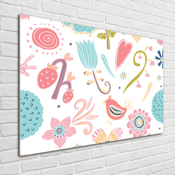 Quadro su vetro acrilico Fiori e uccelli