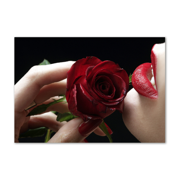 Quadro su vetro acrilico Donna con una rosa