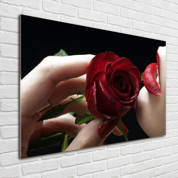 Quadro su vetro acrilico Donna con una rosa