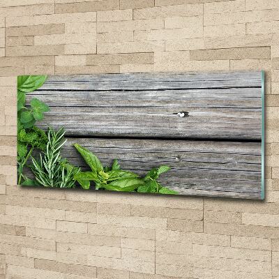 Quadro in vetro acrilico Sfondo di erbe aromatiche in legno
