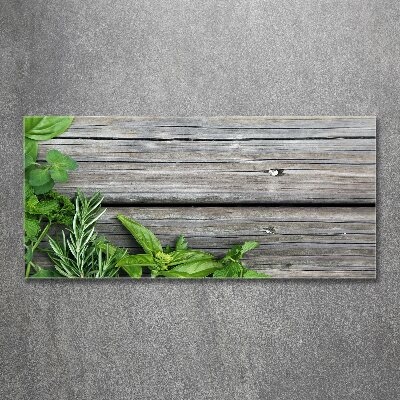 Quadro in vetro acrilico Sfondo di erbe aromatiche in legno