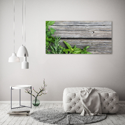 Quadro in vetro acrilico Sfondo di erbe aromatiche in legno