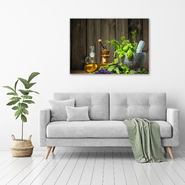 Quadro su vetro acrilico Erbe aromatiche in un mortaio