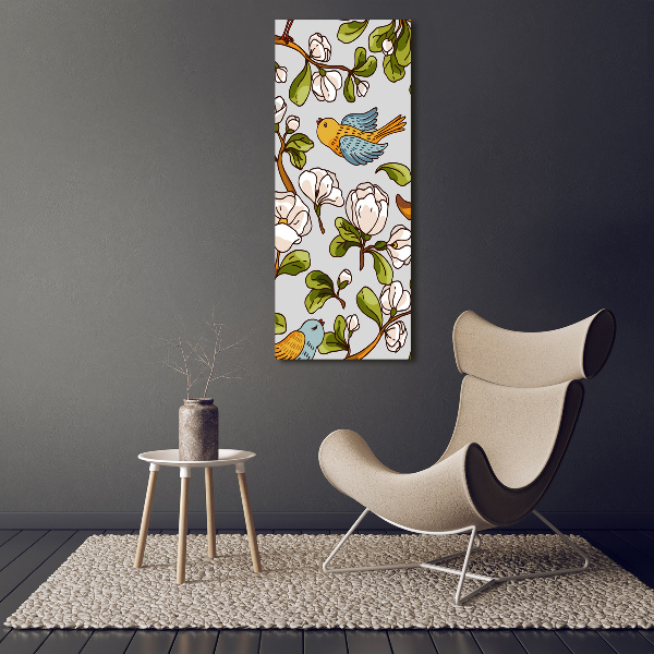Quadro vetro acrilico verticale Uccelli e fiori