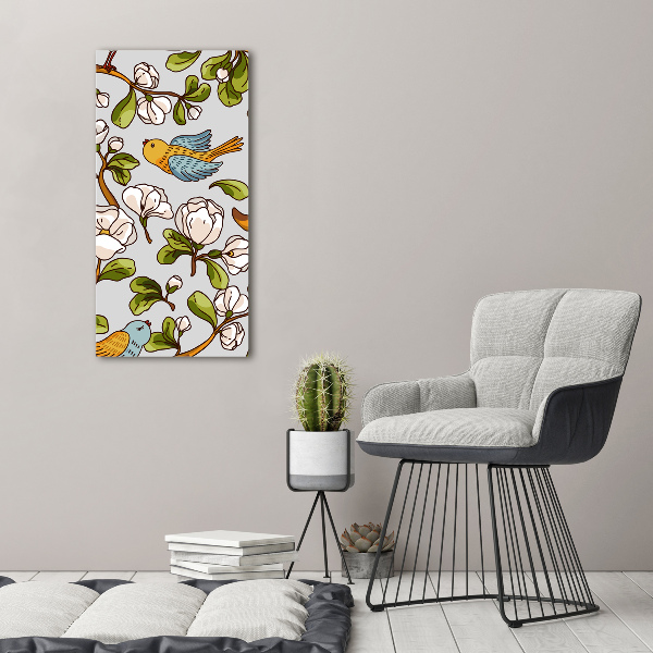 Quadro vetro acrilico verticale Uccelli e fiori