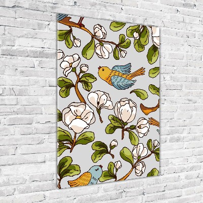 Quadro vetro acrilico verticale Uccelli e fiori