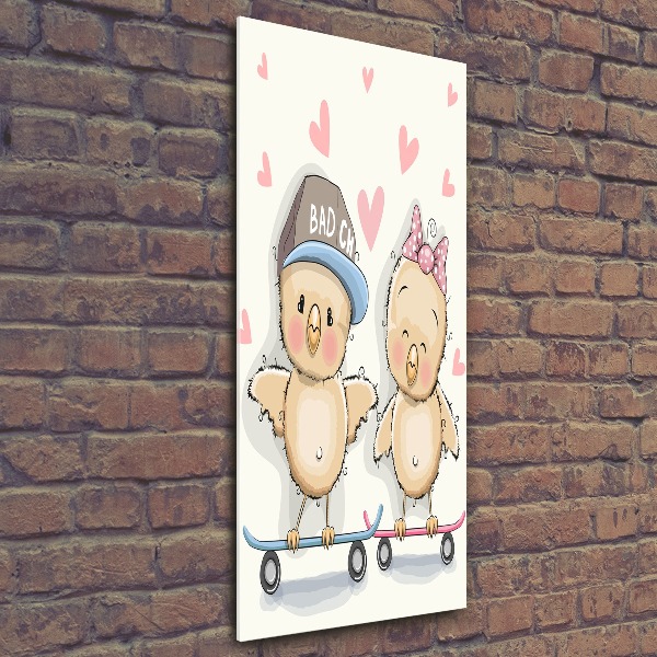 Quadro in vetro acrilico verticale Galline sullo skateboard
