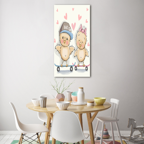 Quadro in vetro acrilico verticale Galline sullo skateboard
