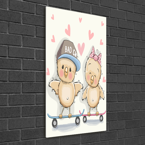 Quadro in vetro acrilico verticale Galline sullo skateboard