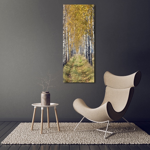 Quadro in vetro acrilico verticale Foresta di betulle