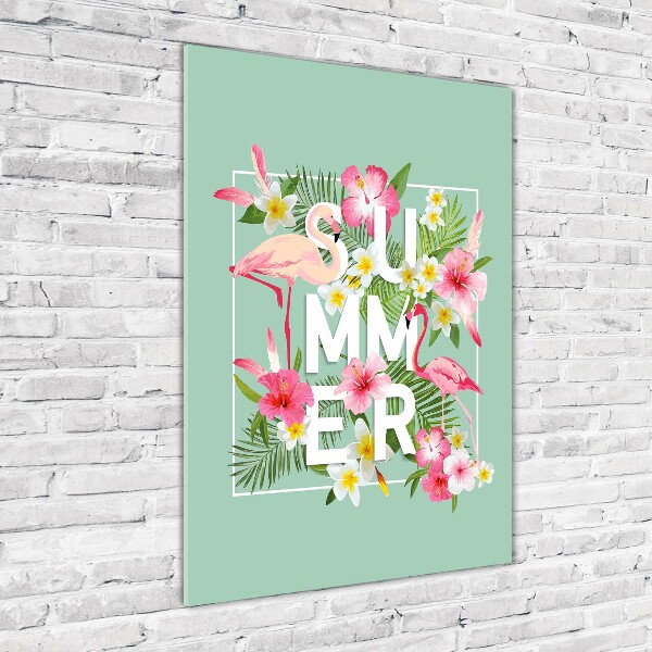 Quadro vetro acrilico verticale Vacanze e fenicotteri