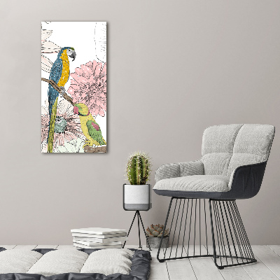Quadro acrilico verticale Pappagalli e fiori