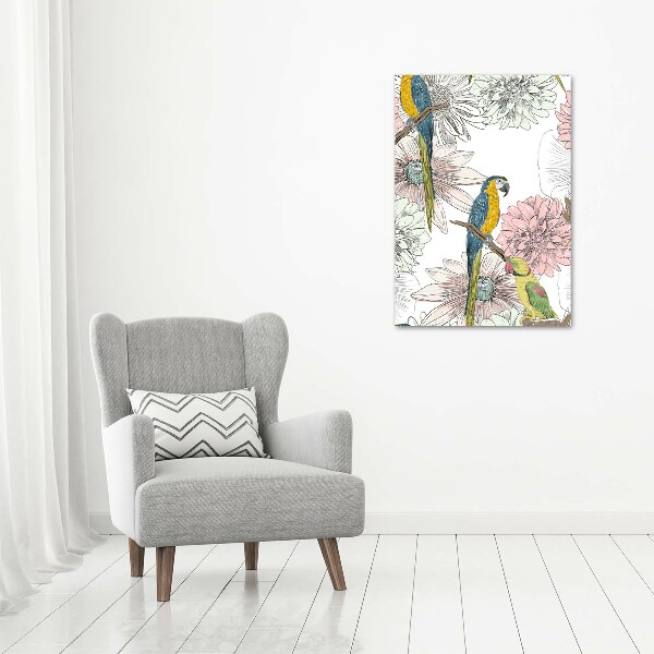 Quadro acrilico verticale Pappagalli e fiori