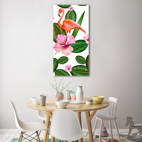 Quadro vetro acrilico verticale Fenicotteri e fiori